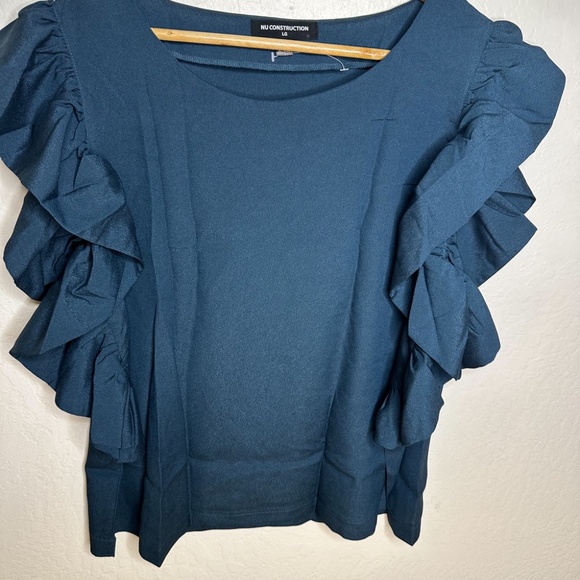 NU CONSTRUCTION Dark Forest Green RUFFLE Sleeve Blouse Size Large NEW - Picture 5 of 10